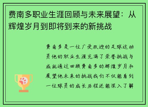 费南多职业生涯回顾与未来展望：从辉煌岁月到即将到来的新挑战